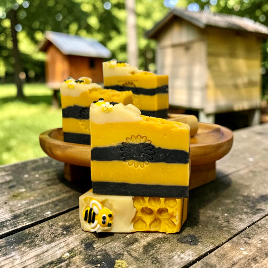 Vegan Soap Bar Handmade Cold Process Natural Ingredients Olive Oil Coconut Oil Palm Oil Sweet Almond Oil Castor Oil Blend Bee Themed Design Yellow Black Stripes Decorative Bathroom Display Oatmeal Scent Artisan Quality Gift