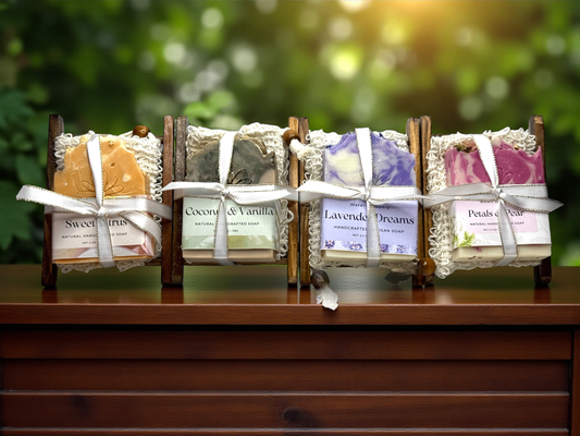 Vegan Soap Gift Set Handmade Natural Collection Wooden Display Rack Four Unique Scents Essential Oil Formula Luxury Bath Experience Premium Ingredients Olive Oil Base Coconut Oil Infused Sweet Almond Oil Blend Perfect Present Idea Eco