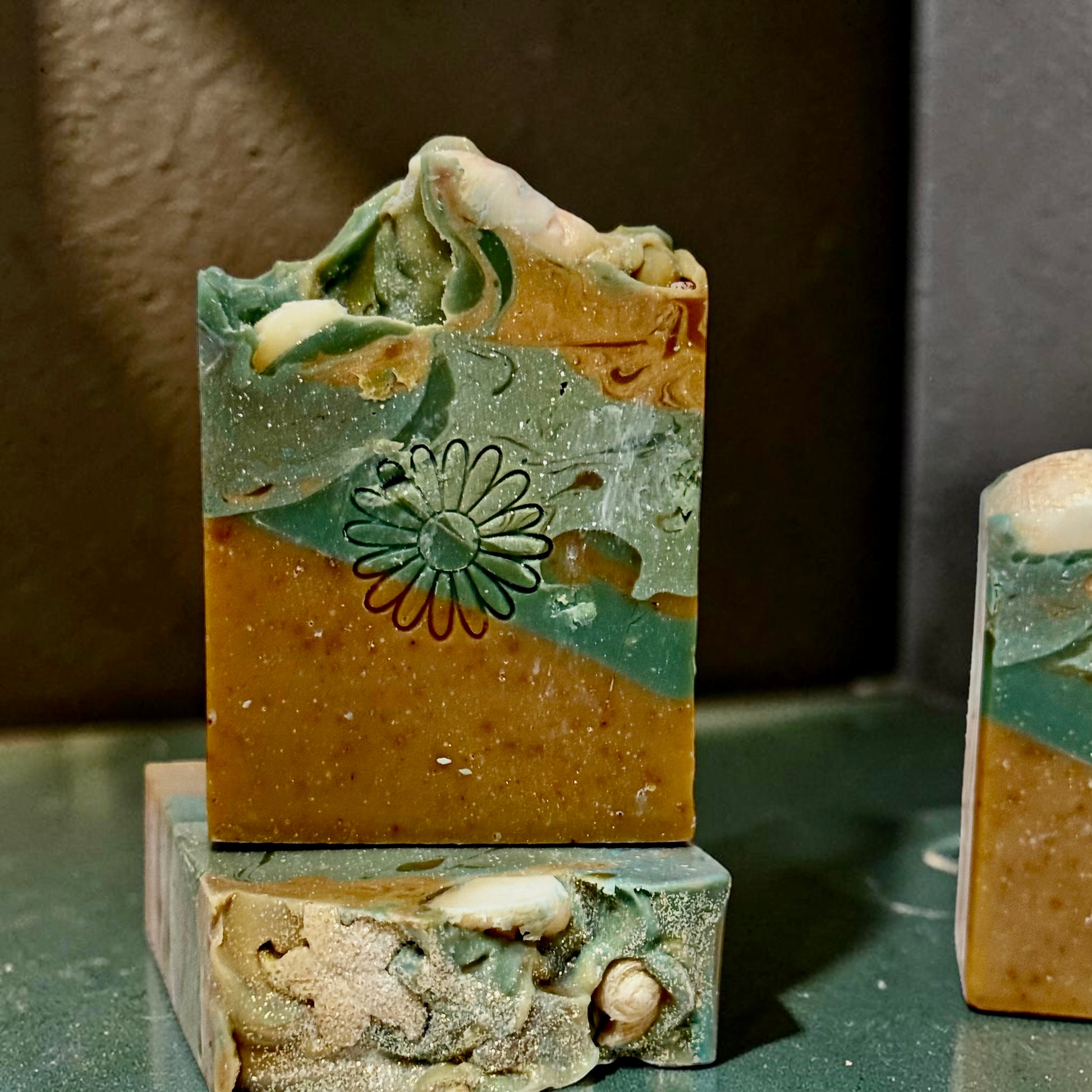 Mahogany Lavender Sandalwood Soap Bar Handmade Cold Process Bath Essential Vanilla Scent Blend Natural Body Care Product Artisan Crafted Gift Quality Daisy Flower Stamp Green Amber Swirl Design Frosting Top Details Seashell Embed Elements