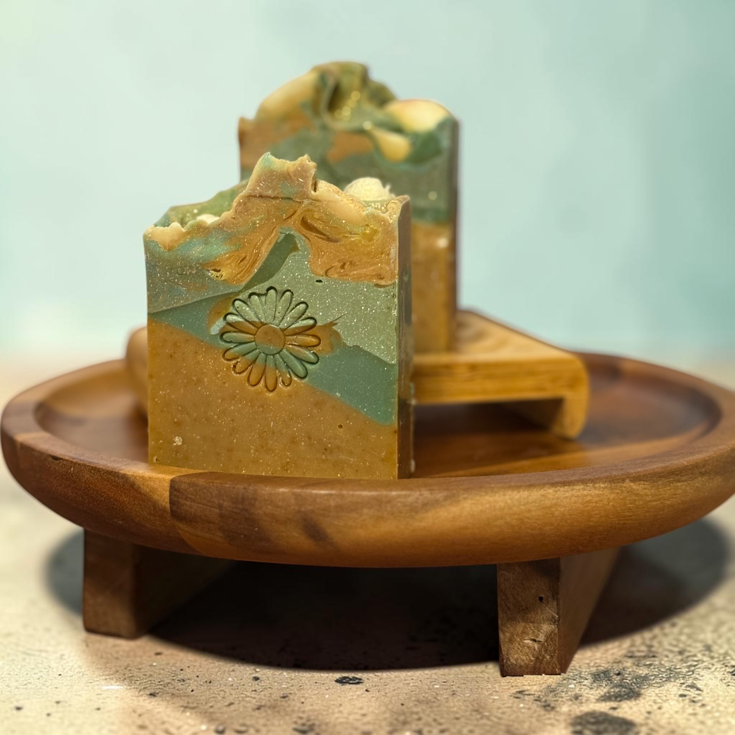 Cold Process Artisan Soap Bar Natural Skincare Essential Handcrafted Bath Product Lavender Sandalwood Mahogany Woods Vanilla Scent Luxury Body Care Gift Quality Soap Daisy Stamp Details Green Amber Swirled Design Frosting Top Seashell