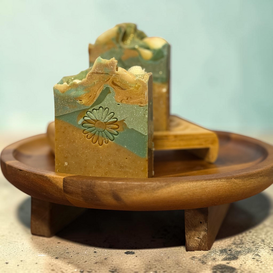 Cold Process Artisan Soap Bar Natural Skincare Essential Handcrafted Bath Product Lavender Sandalwood Mahogany Woods Vanilla Scent Luxury Body Care Gift Quality Soap Daisy Stamp Details Green Amber Swirled Design Frosting Top Seashell