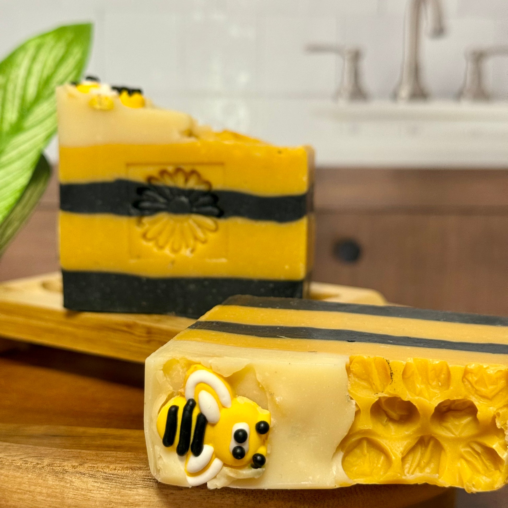 Cold Process Soap Handmade Vegan Bar Oatmeal Milk Scent Jasmine Rose Peach Tea Spun Sugar Notes Bee Themed Design Yellow Black Stripes Natural Ingredients Olive Coconut Palm Almond Castor Oils Artisan Crafted Gift Quality Bath Essential
