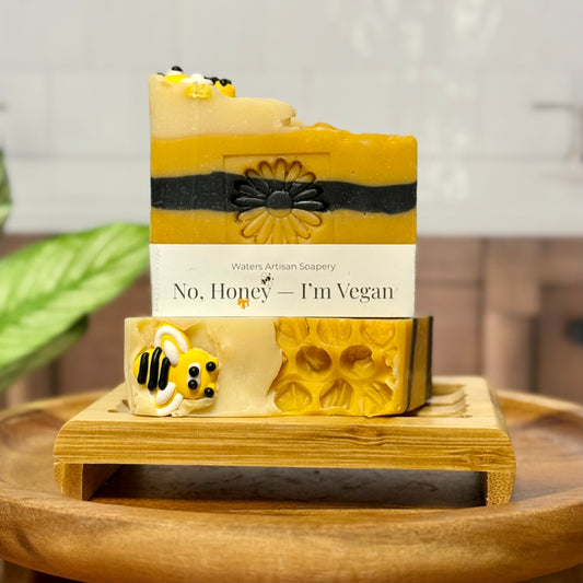 Artisan Soap Bar Handmade Bee Design Cold Process Vegan Formula Yellow Black Stripe Pattern Bee Decoration Embossed Flower Detail Honeycomb Bottom Pattern Natural Oil Blend Oatmeal Milk Scent Perfect Decorative Bath Gift Bee Enthusiast