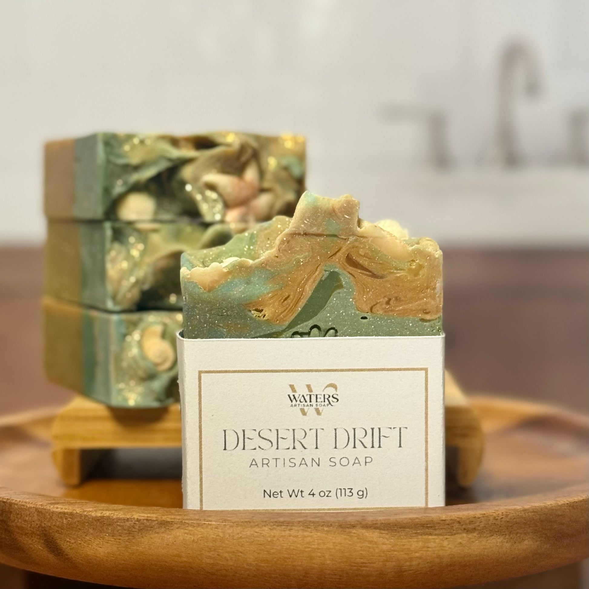Natural Skincare Soap Bar Handmade Cold Process Bath Essential Artisan Crafted Body Care Mahogany Lavender Sandalwood Vanilla Scent Profile Daisy Flower Stamp Details Green Amber Swirl Design Frosting Top Seashell Embed Elements Luxury Spa