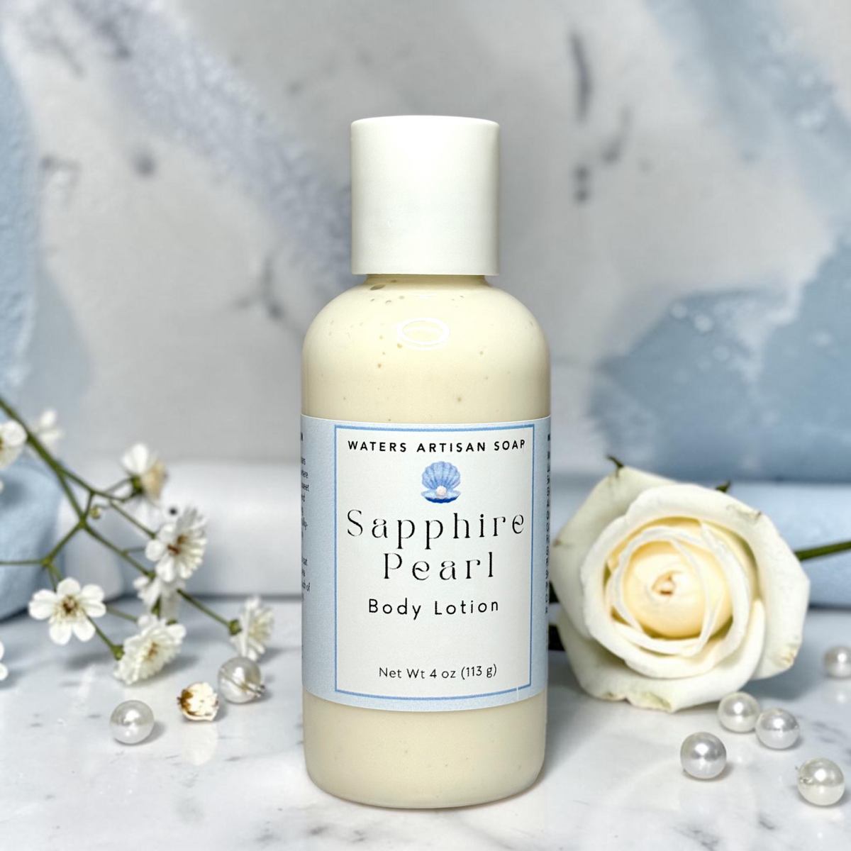 Aloe Vera Vegan Lotion Handmade Shea Butter Moisturizer Four Fluid Ounce Clear Bottle White Cap Blue Label Small Batch Body Care Sweet Almond Rice Bran Oil Hydrolyzed Oat Protein Grapefruit Peach Coconut Scent Floral Rhubarb Amber