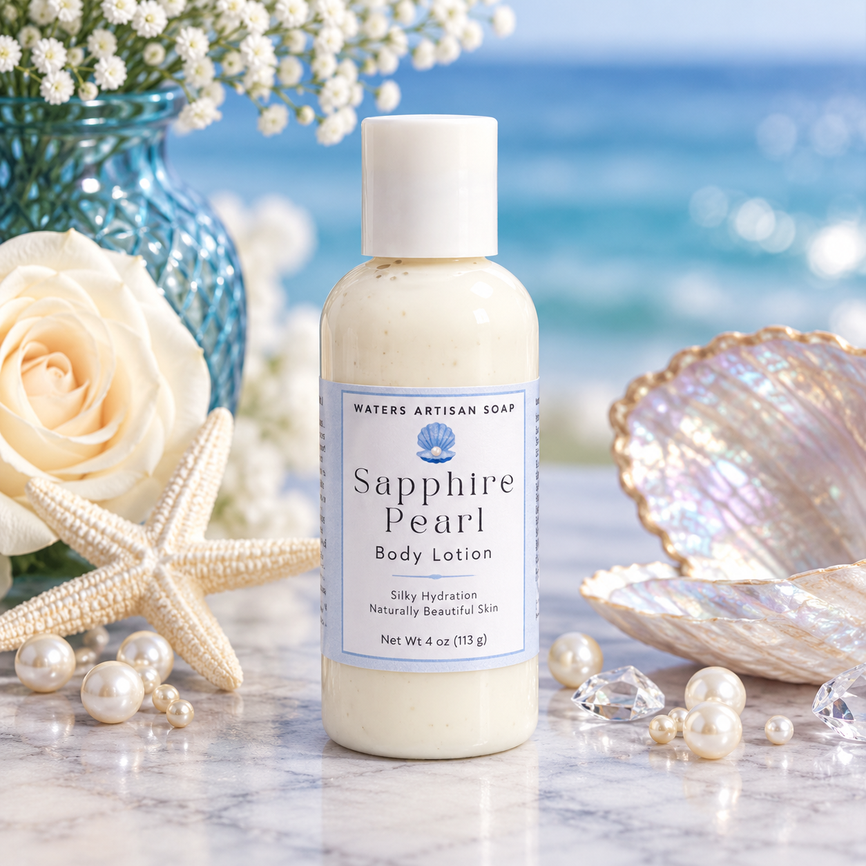 Handmade Vegan Lotion Shea Butter Aloe Vera Moisturizer Four Fluid Ounce Bottle Clear Container White Cap Blue Label Small Batch Body Care Rice Bran Sweet Almond Oil Hydrolyzed Oat Protein Grapefruit Peach Coconut Scent Rhubarb Amber