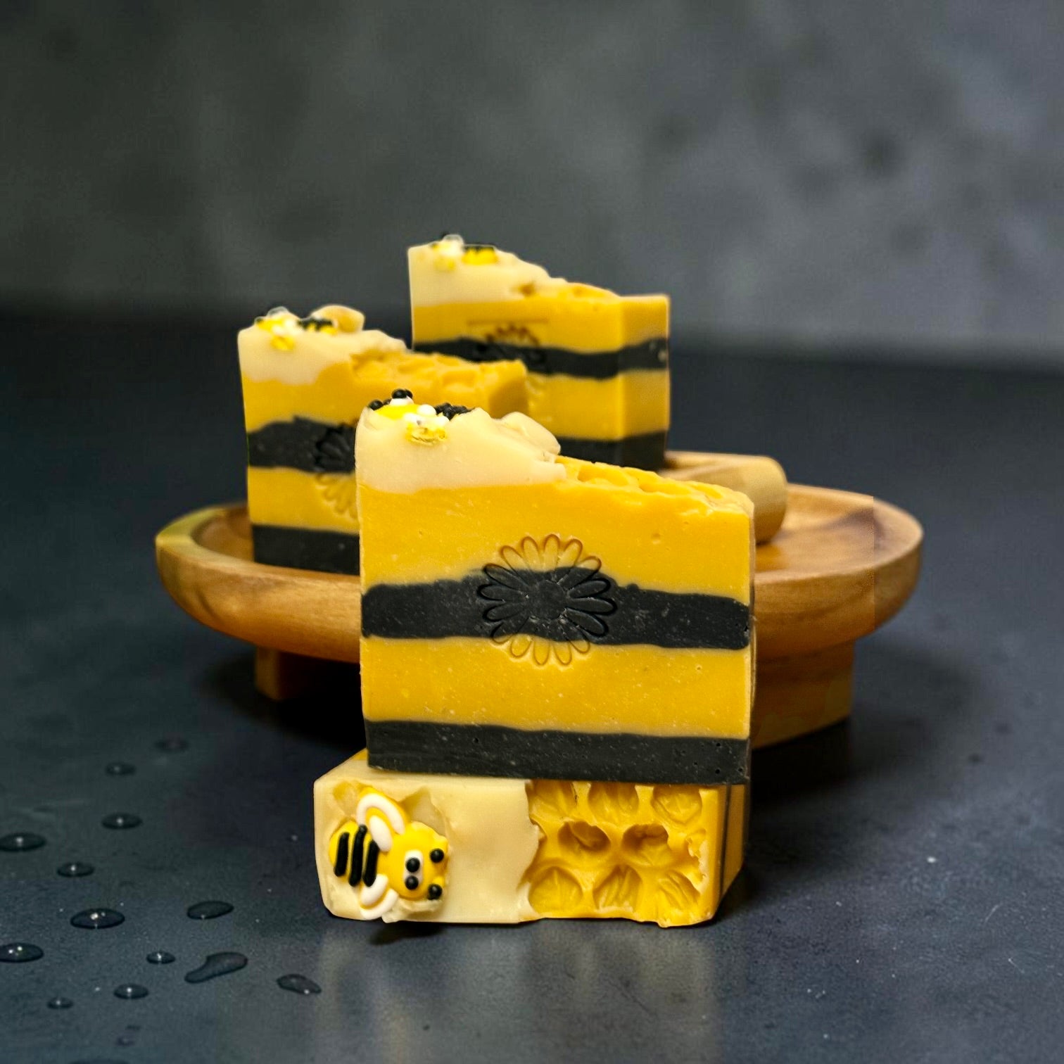 Handmade Bee Soap Bar Perfect Gift For Bee Lover Vegan Cold Process Formula Artisan Crafted Natural Ingredients Yellow Black Stripes Bee Decoration Top Embossed Flower Design Honeycomb Pattern Bottom Oatmeal Milk Scent Jasmine Rose Peach