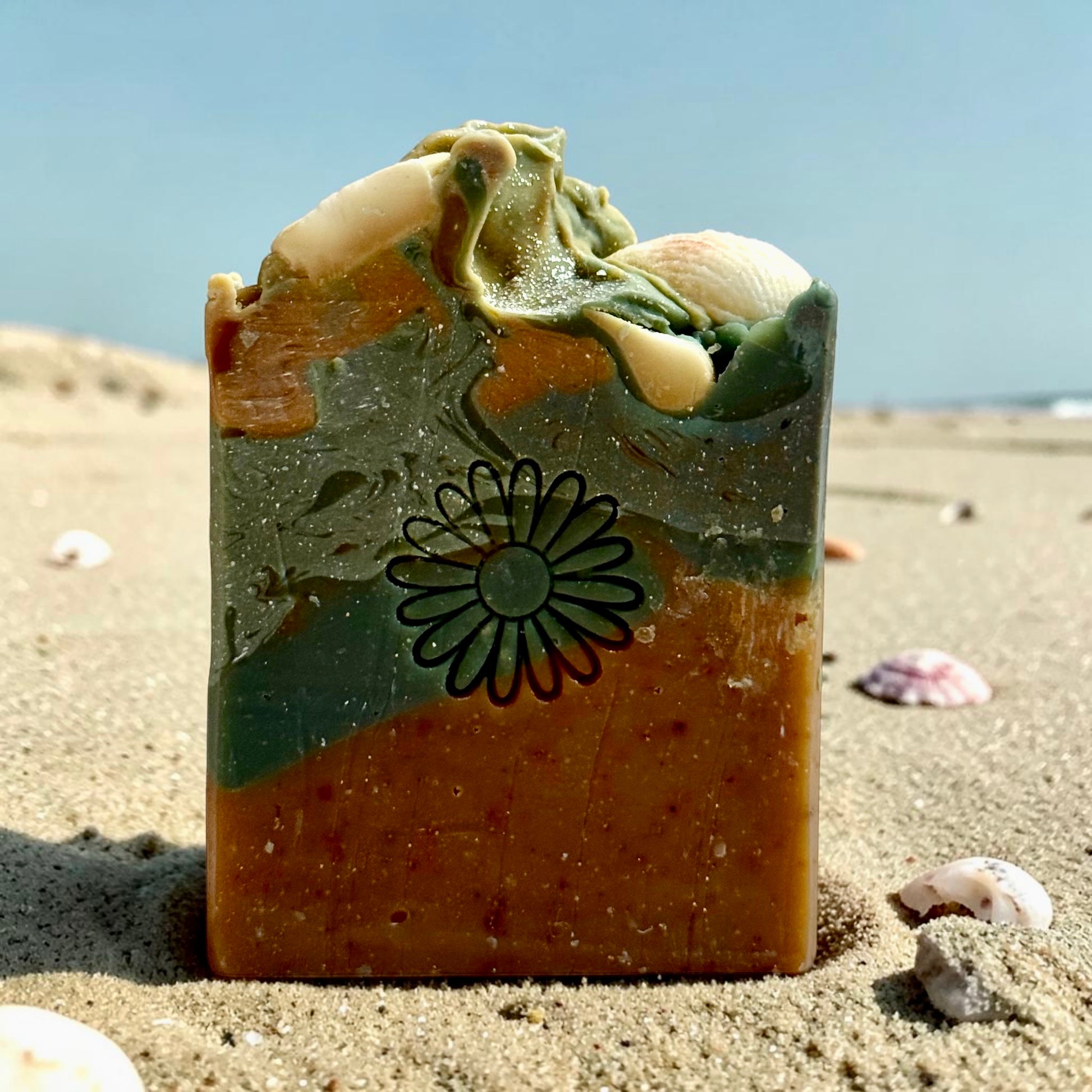 Handmade Cold Process Soap Bar Artisan Crafted Bath Essential Mahogany Lavender Sandalwood Vanilla Scent Blend Natural Body Care Luxury Gift Daisy Flower Stamp Design Green Amber Swirl Pattern Soap Frosting Top Seashell Embed Details