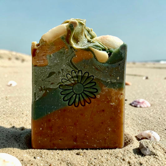 Handmade Cold Process Soap Bar Artisan Crafted Bath Essential Mahogany Lavender Sandalwood Vanilla Scent Blend Natural Body Care Luxury Gift Daisy Flower Stamp Design Green Amber Swirl Pattern Soap Frosting Top Seashell Embed Details